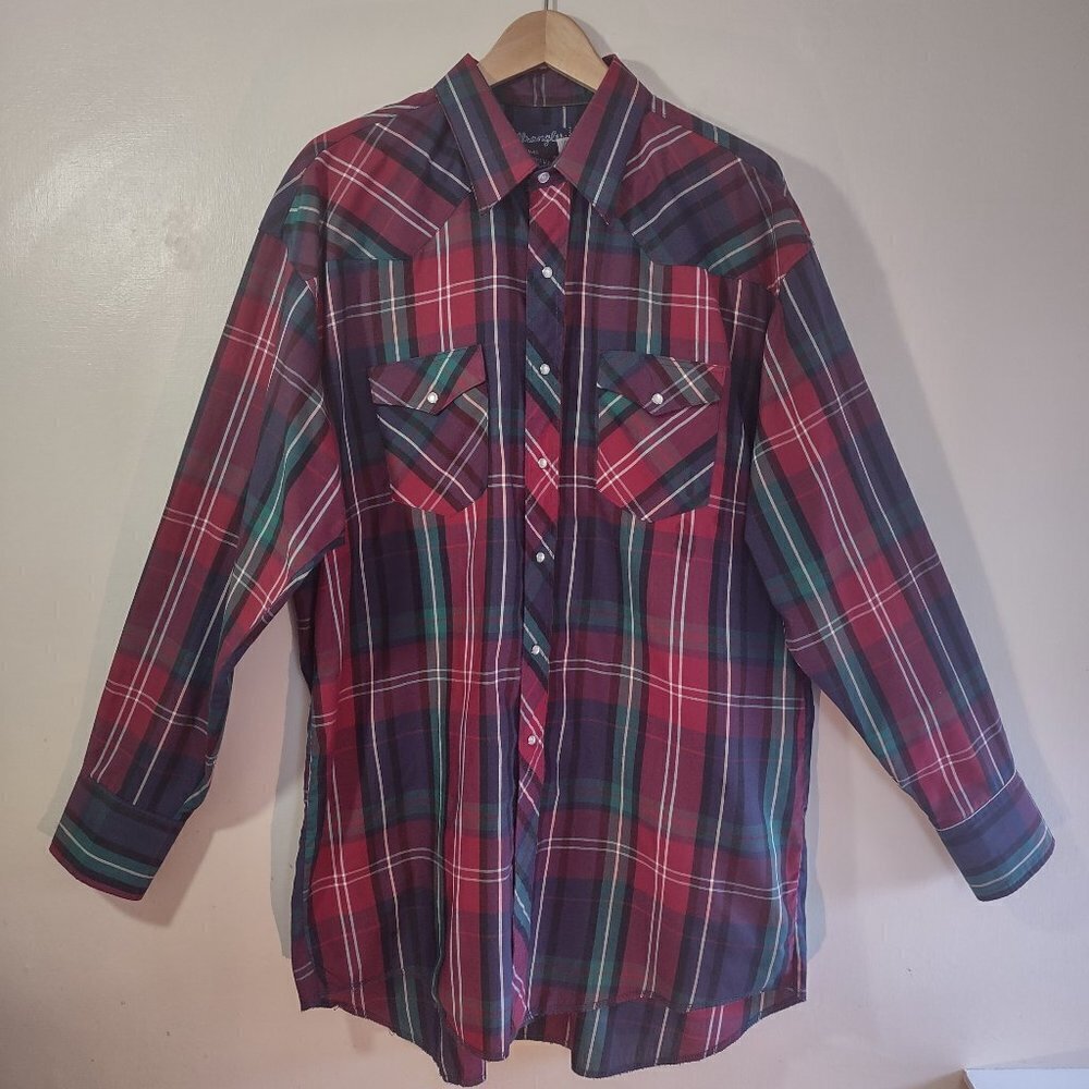 Vintage Wrangler Western Plaid Men's Shirt Pearl Snaps Size XL Tall - Picture 3 of 8
